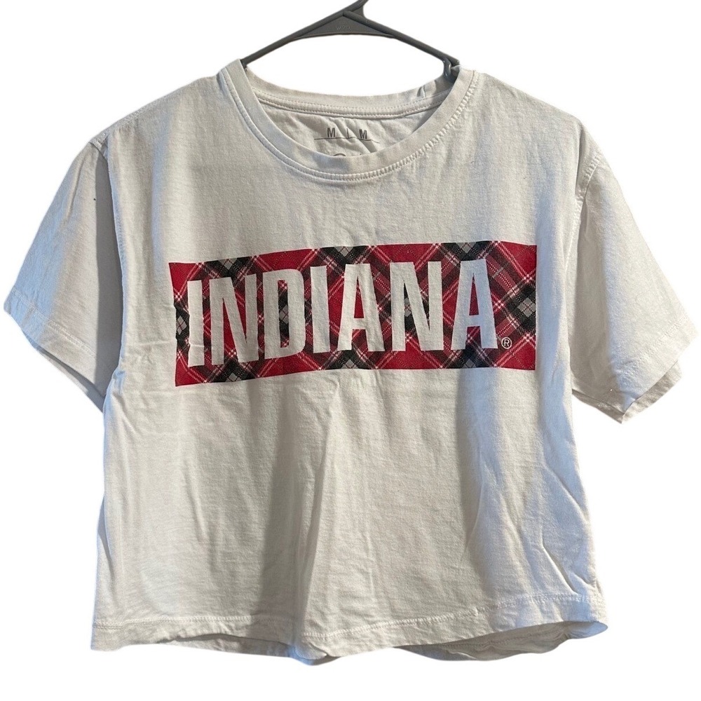 Pressbox Indiana University Hoosiers Cropped T-Shirt White Plaid Graphic Women M